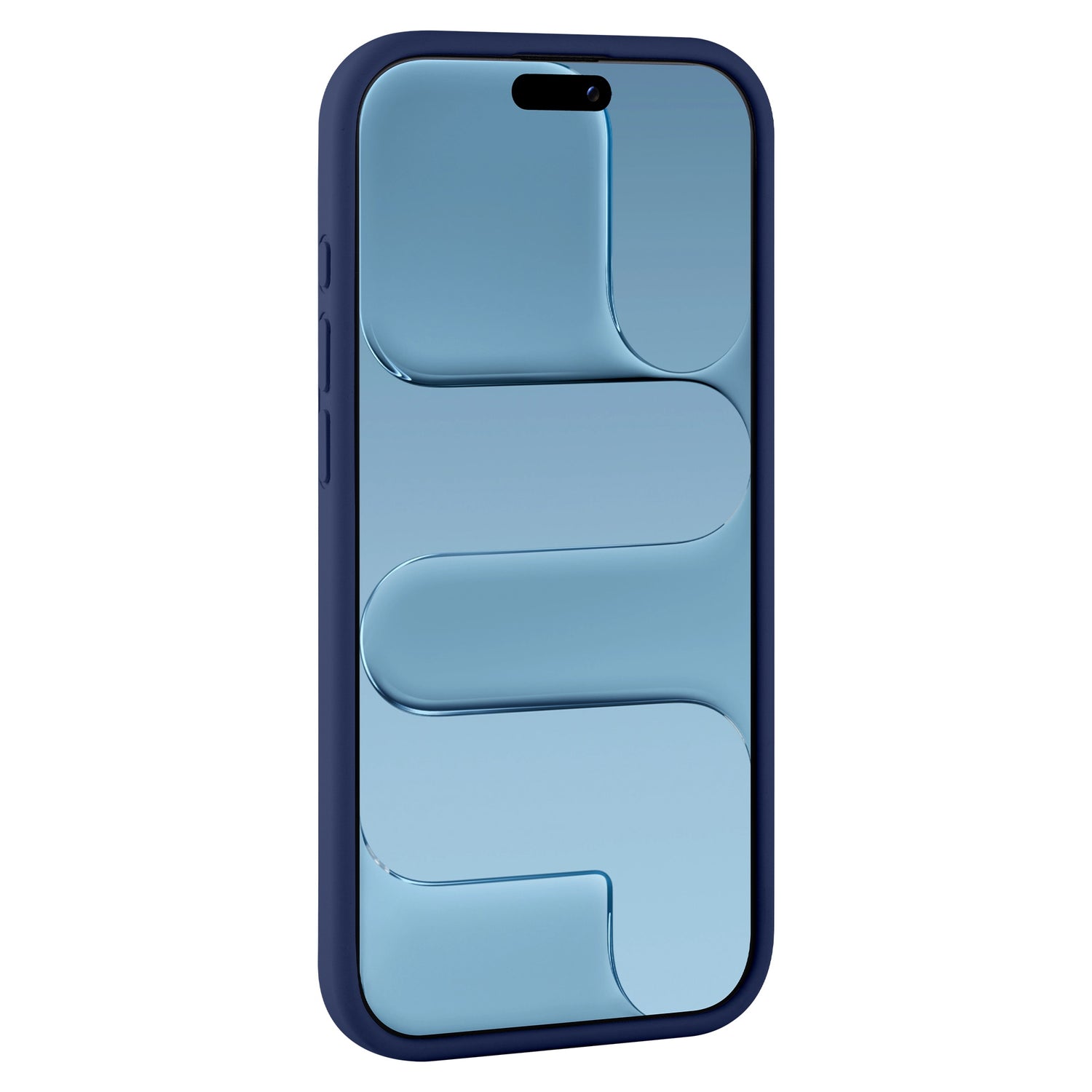 Das arktis iPhone Air Silikon Case in Blau, das in einem Winkel mit einem reflektierenden blauen abstrakten Bildschirmdesign gezeigt wird, kombiniert stilvollen Schutz mit Unterstützung für kabelloses Laden-ideal für diejenigen, die sowohl Stil als auch Komfort wollen.