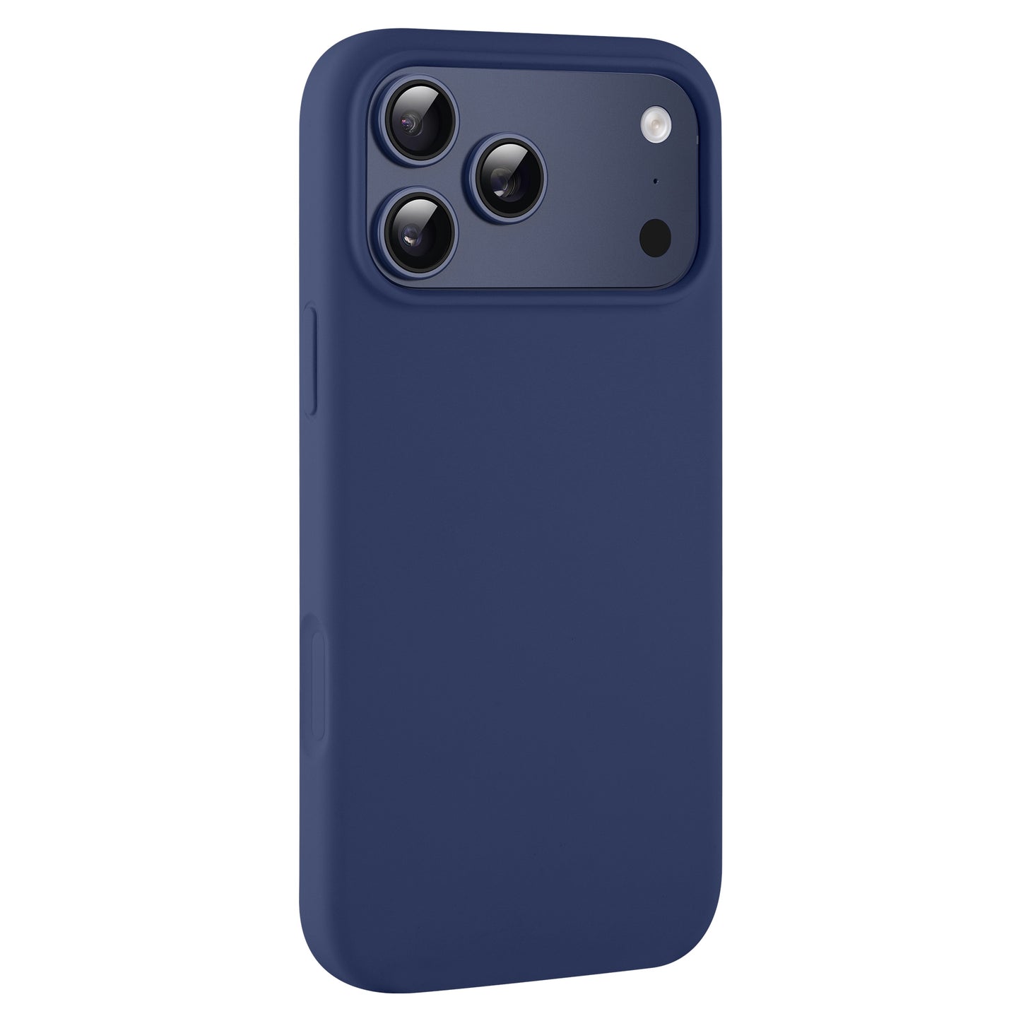 Das arktis iPhone 17 Pro Silikon Case in Blau verfügt über präzise Ausschnitte für drei Kameralinsen und einen Blitz, unterstützt kabelloses Laden und wurde von arktis entworfen.