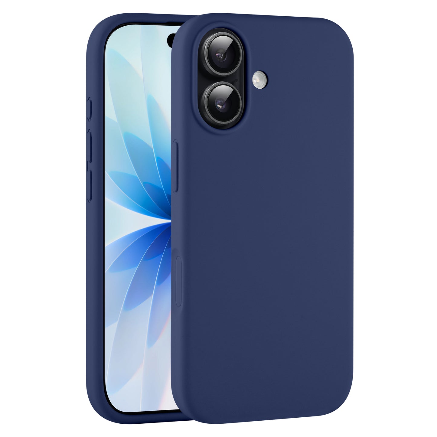 Ein arktis iPhone 17 mit einer blauen arktis Silikonhülle steht aufrecht, das Display zeigt ein florales Muster.