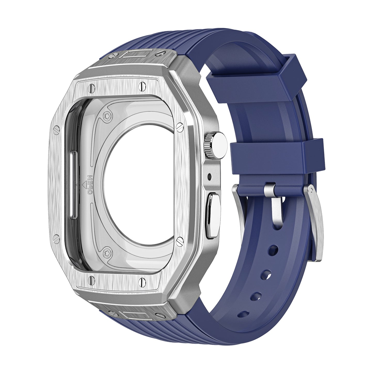 Das arktisband Apple Watch Armband "Metal Fusion" von arktisband hat ein silbernes Gehäuse ohne Zifferblatt, das an einem blauen Gummiarmband befestigt ist und auf einem weißen Hintergrund dargestellt wird.