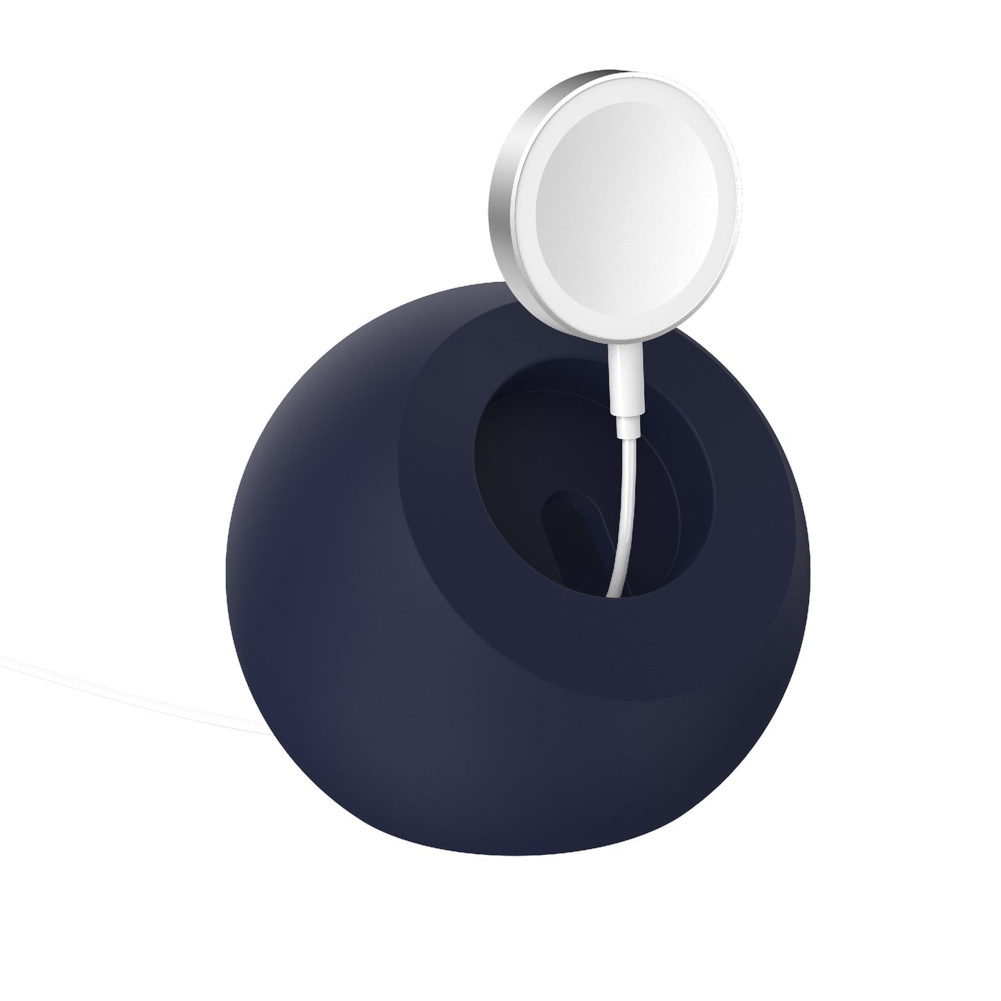 Der arktis Apple Watch Orbit Stand ist ein runder, dunkler Ladeständer, der ein kreisförmiges, magnetisches, kabelloses Ladegerät mit einem weißen Kabel hält, perfekt für kabelloses Laden als Apple Watch Ständer.