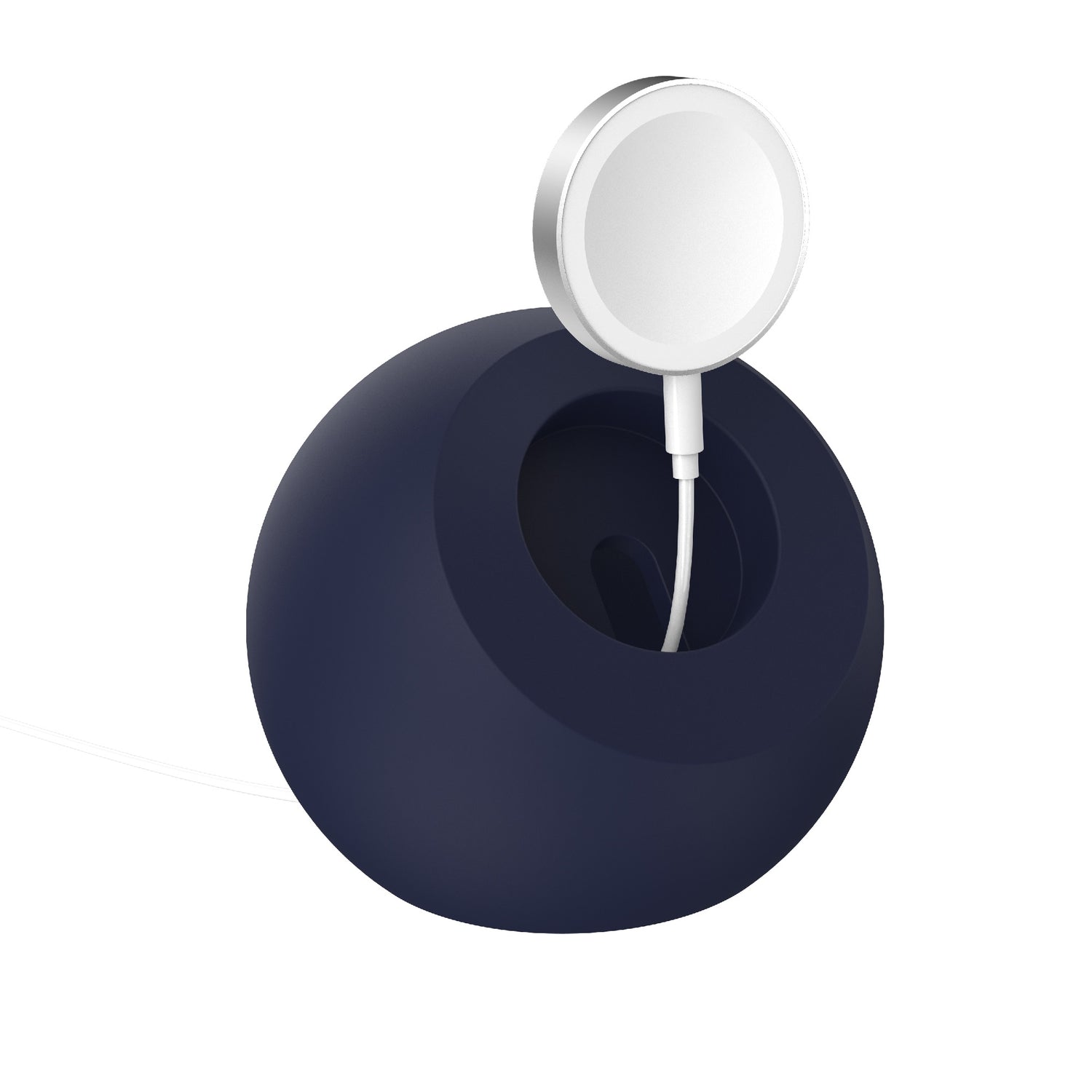 Der arktis Apple Watch Orbit Stand ist ein runder, dunkler Ladeständer, der ein kreisförmiges, magnetisches, kabelloses Ladegerät mit einem weißen Kabel hält, perfekt für kabelloses Laden als Apple Watch Ständer.