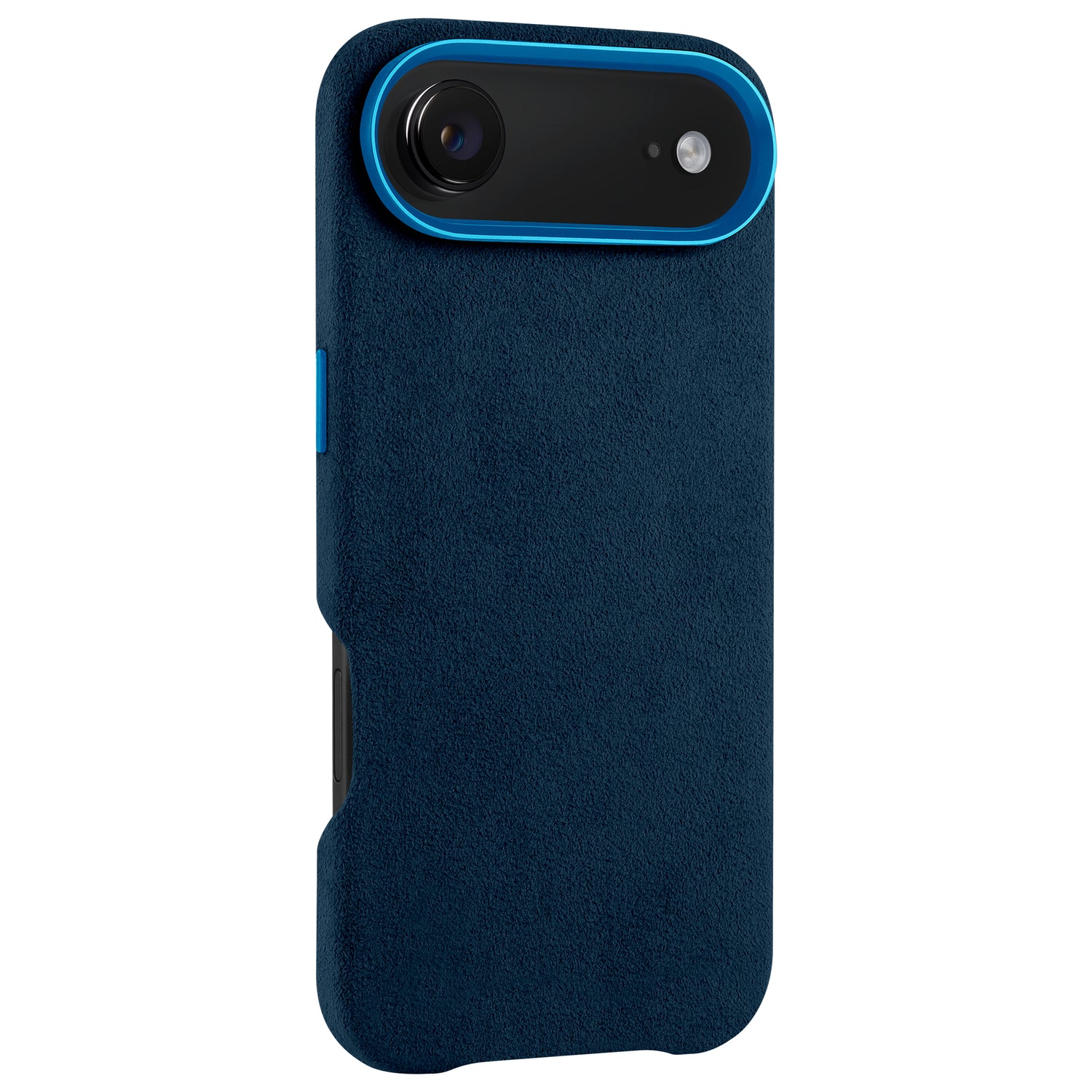 Arktis iPhone Air Hülle aus Alcantara in Marineblau mit großem Kameraausschnitt, blauer Zierleiste um den Kamerabereich und MagSafe kompatibel für einfaches Laden.