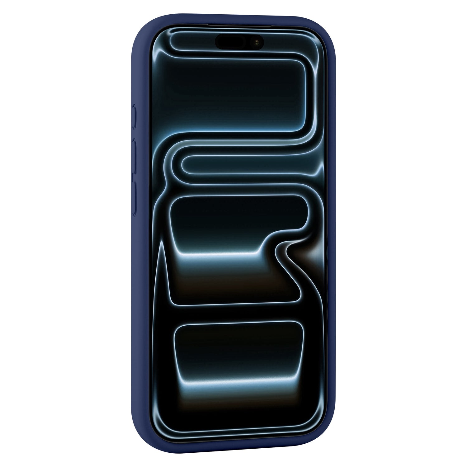 Ein Smartphone mit der arktis iPhone 17 Pro Silikonhülle in Blau zeigt ein abstraktes, blau-weiß leuchtendes Muster auf dem Bildschirm; perfekt für kabelloses Laden.