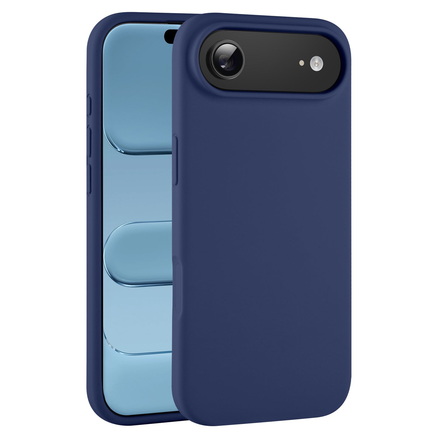 Das arktis iPhone Air Silikon Case passt perfekt auf das iPhone 17 Air und hebt die glänzende blaue Rückseite und die rückseitige Kamera hervor, während es kabelloses Laden unterstützt.