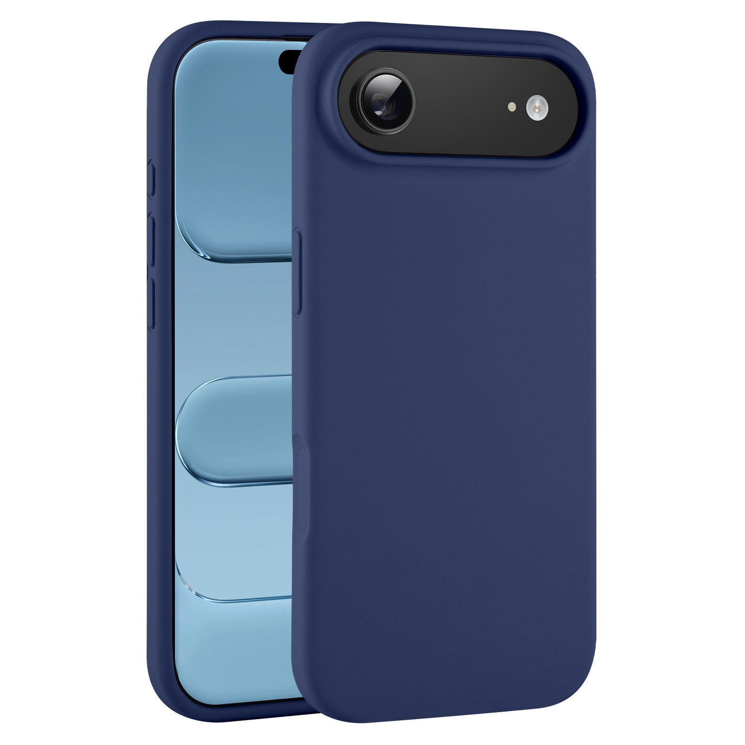 Das arktis iPhone Air Silikon Case passt perfekt auf das iPhone 17 Air und hebt die glänzende blaue Rückseite und die rückseitige Kamera hervor, während es kabelloses Laden unterstützt.