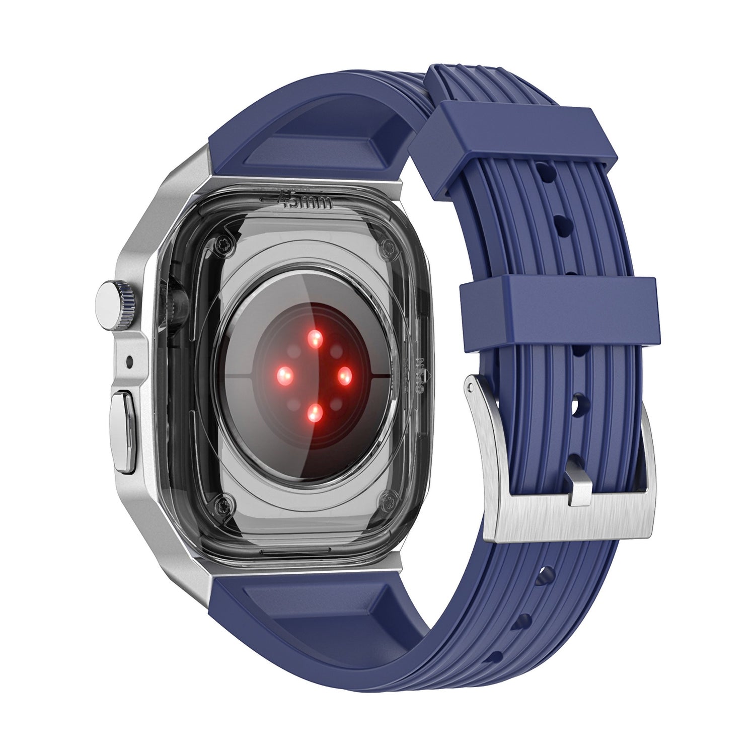 Das arktisband Apple Watch Armband "Metal Fusion" von arktisband, mit blauem Armband und rot leuchtenden Sensoren auf der Rückseite, wird von hinten gezeigt.