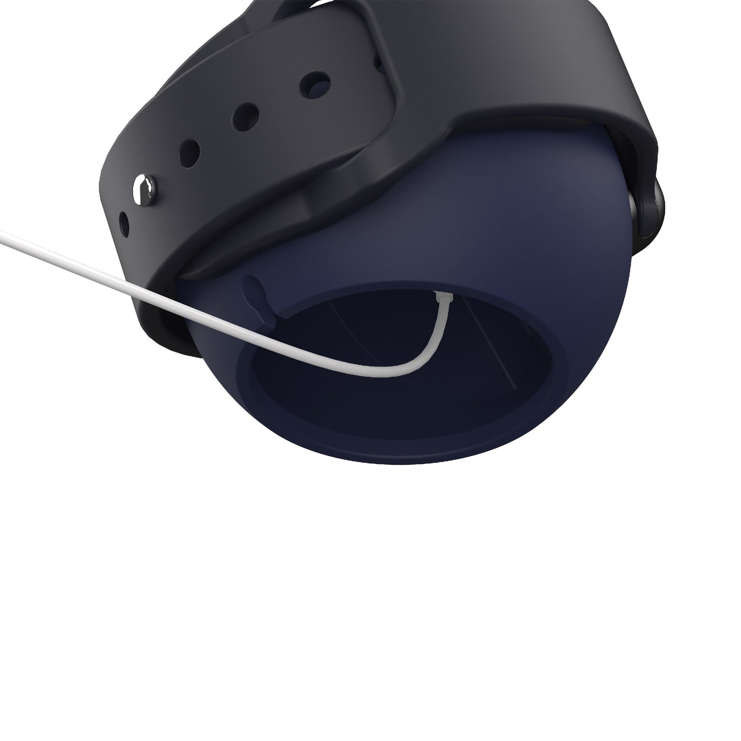 Eine Nahaufnahme eines dunklen Armbands mit einem runden Gerät, das mit einem weißen Kabel verbunden ist, das ordentlich auf dem arktis Apple Watch Orbit Stand von arktis ruht.