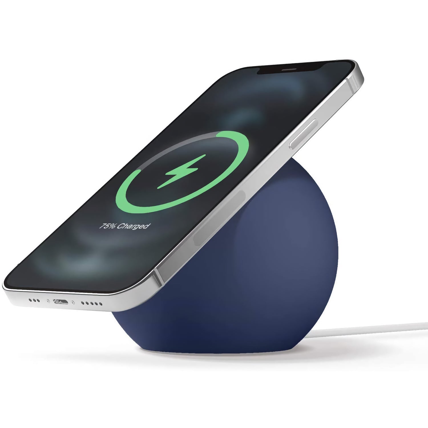 Ein Smartphone liegt auf dem blauen arktis MagSafe Orbit Stand, sein Display zeigt 75% Ladung und praktisches kabelloses Laden an.