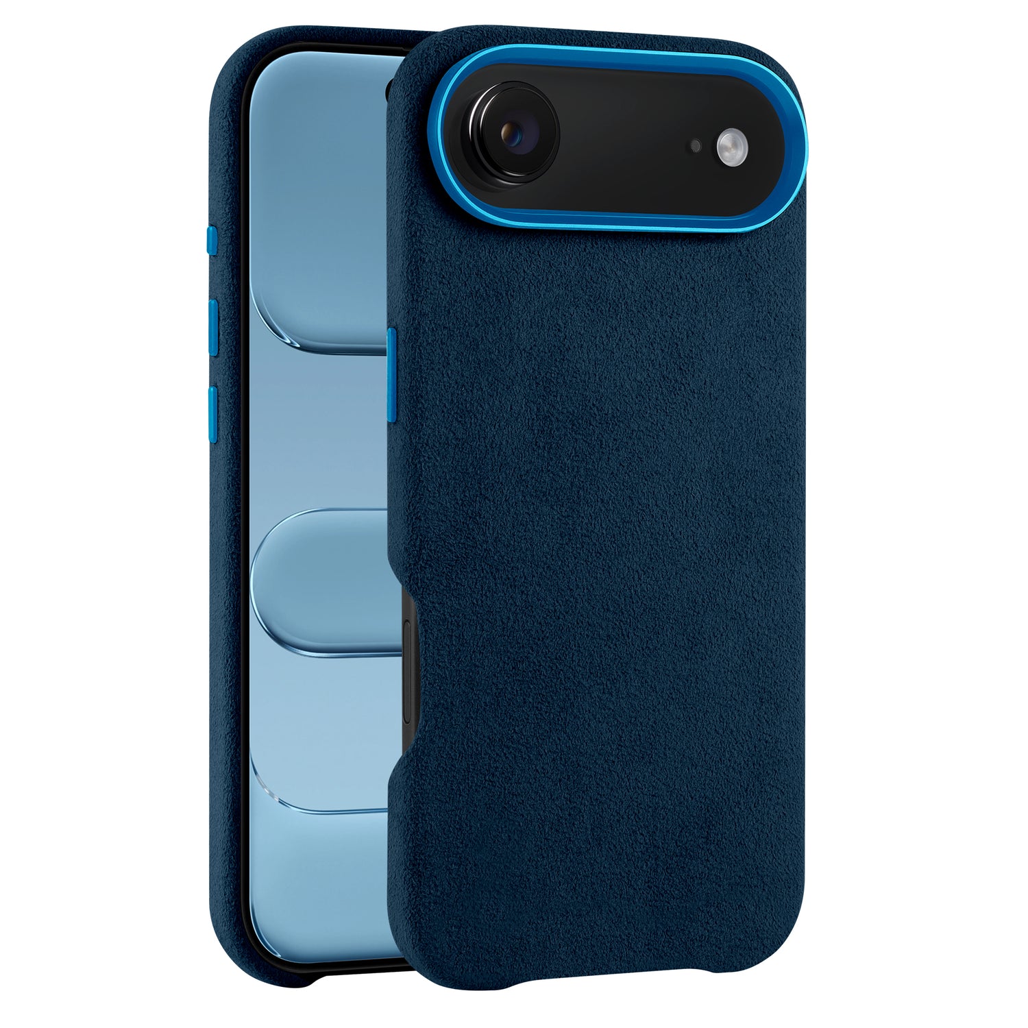 Die arktis iPhone Air Hülle aus Alcantara bietet ein blaues Hardcase mit wildlederähnlicher Struktur und blauen Kamera-Akzenten - ein stilvoller Schutz für Ihr Gerät. Kompatibel als iPhone 17 Air Hülle.