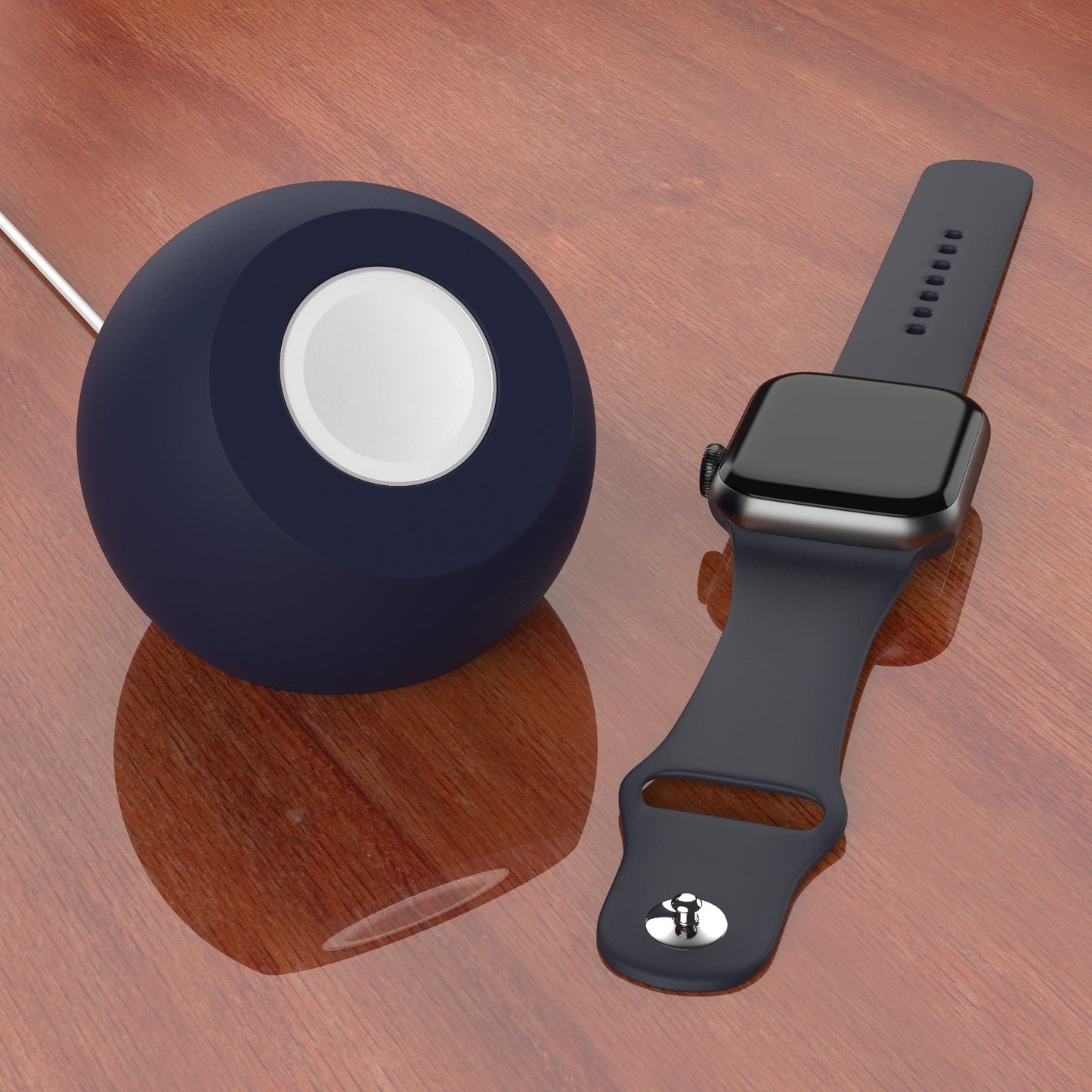 Eine schwarze Smartwatch und ein rundes schwarzes Ladegerät liegen auf einer hölzernen Oberfläche, die mit dem arktis Apple Watch Orbit Stand von arktis für kabelloses Laden ausgestattet ist.