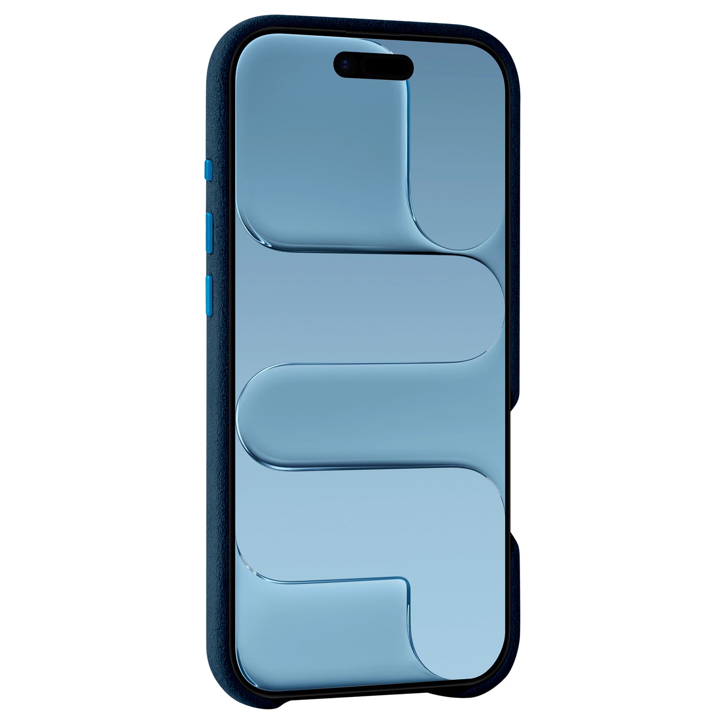 Ein blaues Smartphone mit einem reflektierenden abstrakten Muster auf dem Bildschirm, geschützt durch eine dunkelblaue arktis iPhone Air Hülle aus Alcantara.
