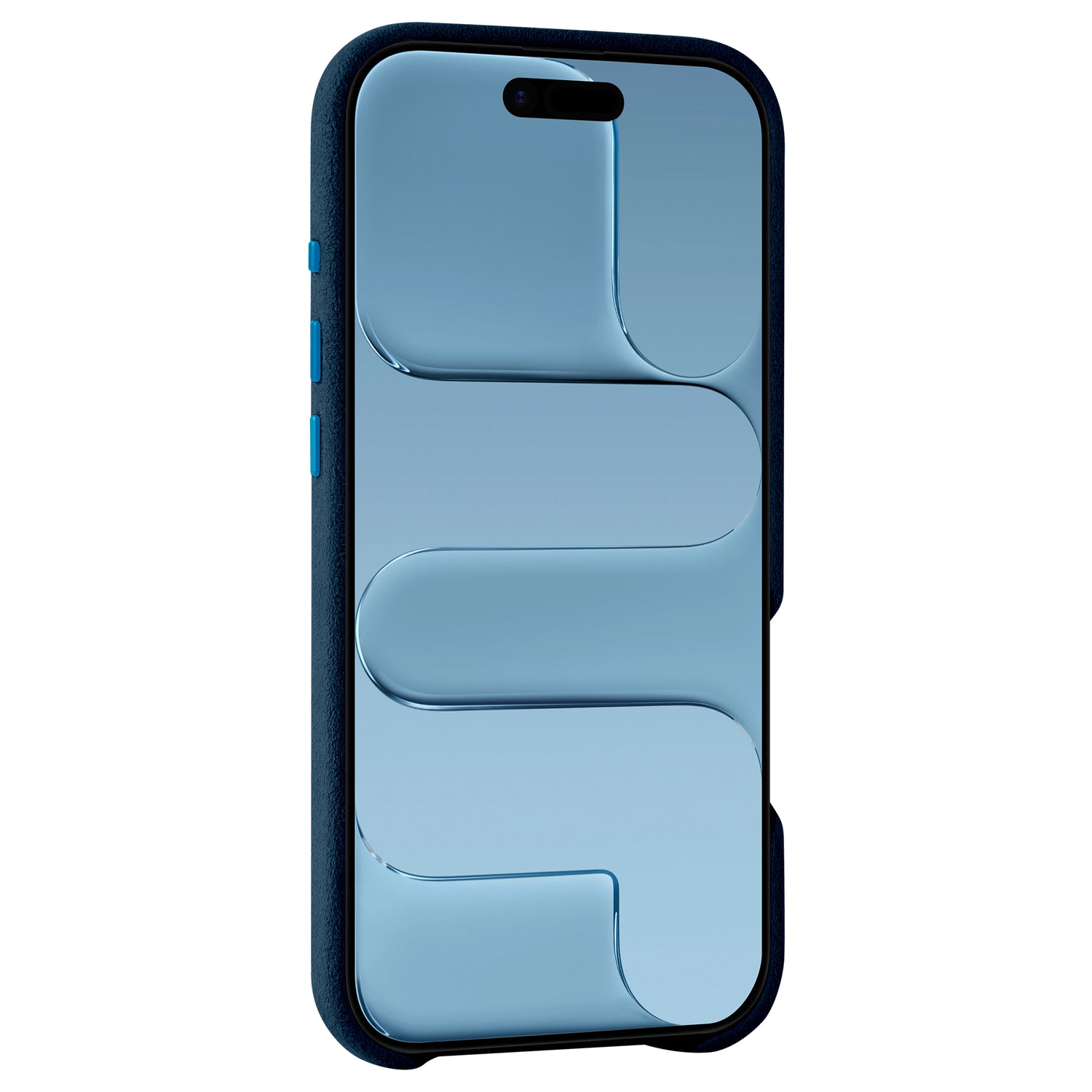 Ein blaues Smartphone mit einem reflektierenden abstrakten Muster auf dem Bildschirm, geschützt durch eine dunkelblaue arktis iPhone Air Hülle aus Alcantara.