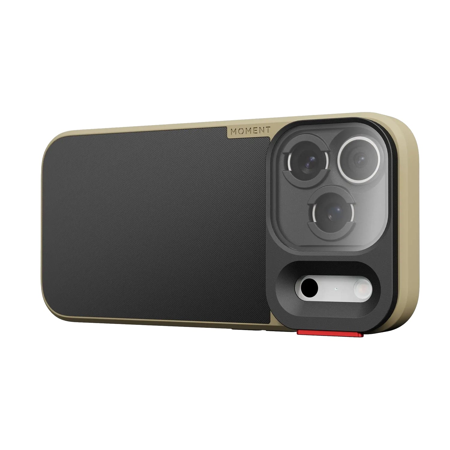 Die MOMENT CineBloom QuickLock Filter für iPhone 17 Pro ist eine schwarz-goldene Smartphonehülle mit drei Aussparungen für das Kameraobjektiv und dem QuickLock System zur einfachen Befestigung von iPhone-Filtern.