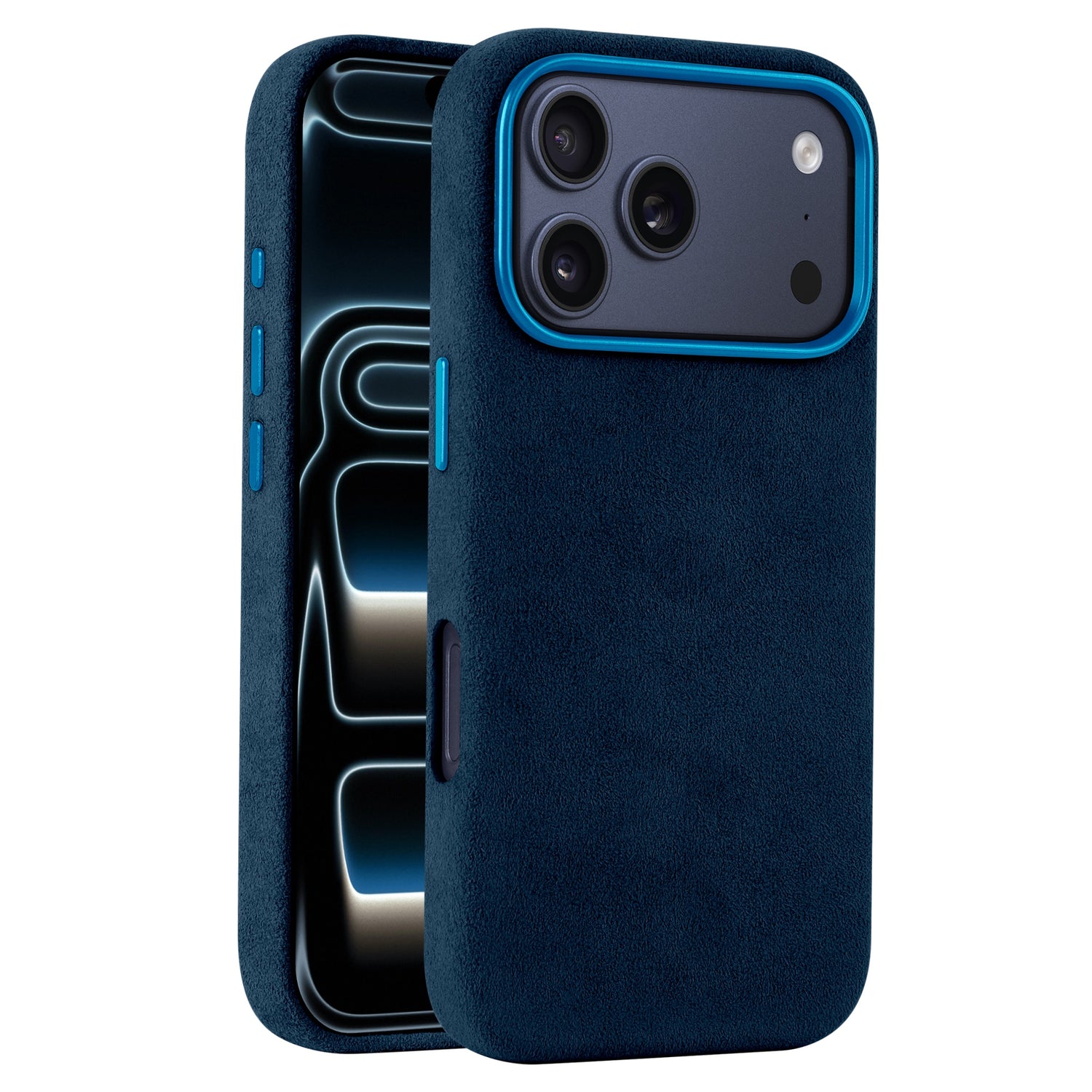 Die arktis iPhone 17 Pro Hülle aus Alcantara, eine blau strukturierte Hülle aus Italien, wird auf einem Smartphone von hinten und von der Seite gezeigt.