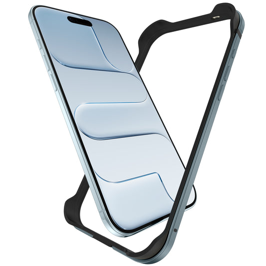 Ein blaues Smartphone mit einem gemusterten Bildschirm ist teilweise in einem schwarzen iPhone Air Bumper von arktis abgebildet, der eleganten Stil und starken Schutz bietet.
