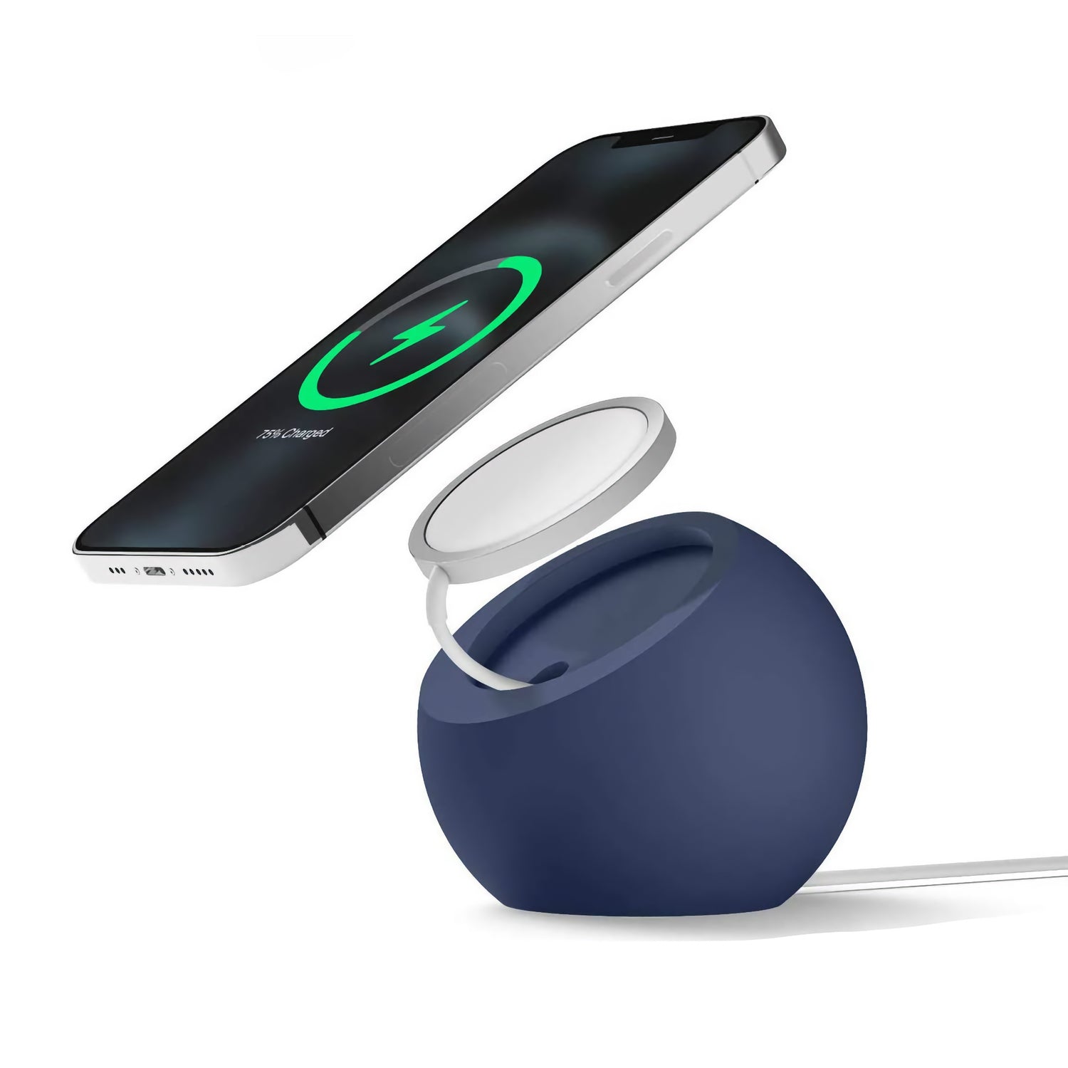 Ein Smartphone schwebt über dem arktis MagSafe Orbit Stand mit einem Apple MagSafe Ladegerät und unterstreicht den eleganten Komfort von kabelloses Laden by arktis.