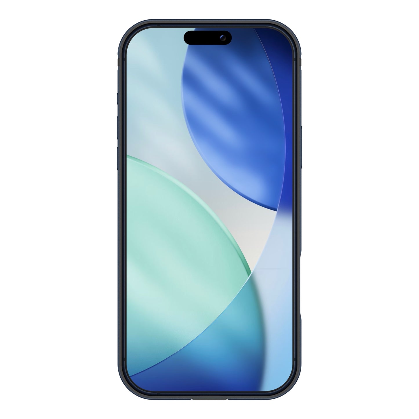Der arktis iPhone 17 Pro Max Bumper von arktis schützt Ihr Telefon, das von vorne mit einem blauen und grünen abstrakten Screendesign dargestellt wird, und bietet zuverlässigen Displayschutz.