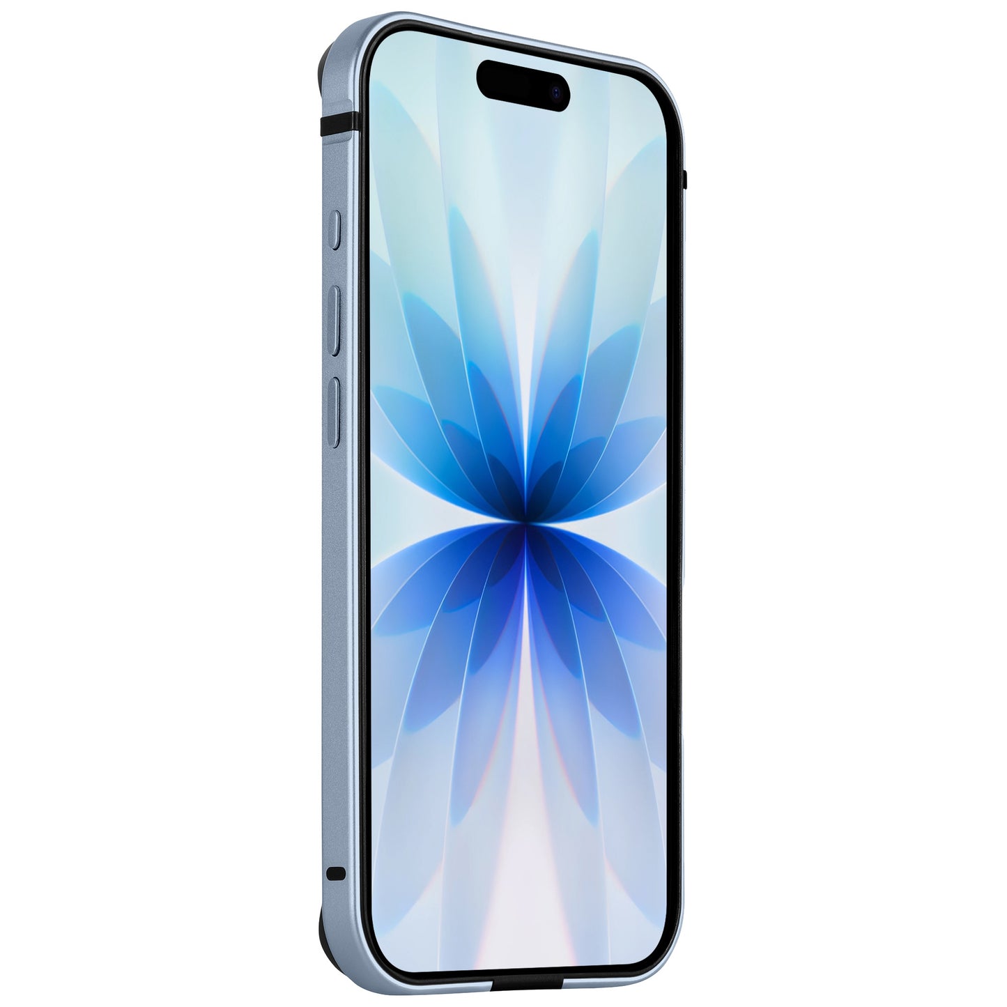 Ein blaues Smartphone mit floralem, abstraktem Display ist von vorne links zu sehen, geschützt durch ein Aluminium TPU Case und den arktis iPhone 17 Bumper für zusätzlichen Style und Displayschutz.