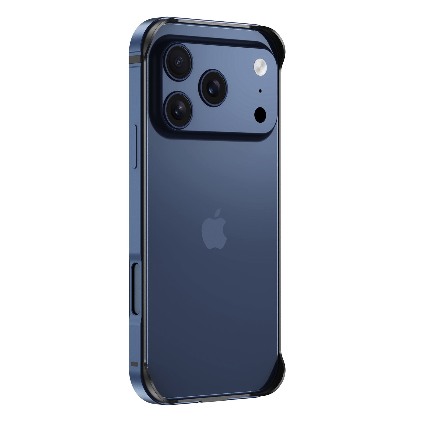 Der arktis iPhone 17 Pro Max Bumper ist ein blaues Smartphone-Zubehör mit schwarzen Eckbumpern und drei rückwärtigen Kameras, das ultraleichter Bumper-Schutz bietet - perfekt für stilvolle Nutzer, die zusätzlichen Displayschutz wünschen.