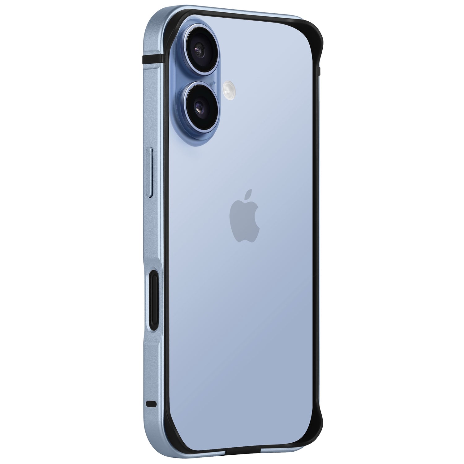 Der arktis iPhone 17 Bumper von arktis, abgebildet in Blau mit einer schwarz umrahmten Aluminium-TPU-Hülle, wird von der Rückseite aus angezeigt und verfügt über zwei rückwärtige Kameras für verbesserten Schutz und Stil.