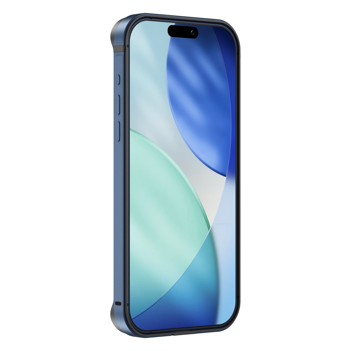 Der arktis iPhone 17 Pro Max Bumper verfügt über einen blauen, abgerundeten Bildschirm mit einem abstrakten blauen und grünen Hintergrundbild, geschützt durch ein Aluminium TPU Case mit Displayschutz.