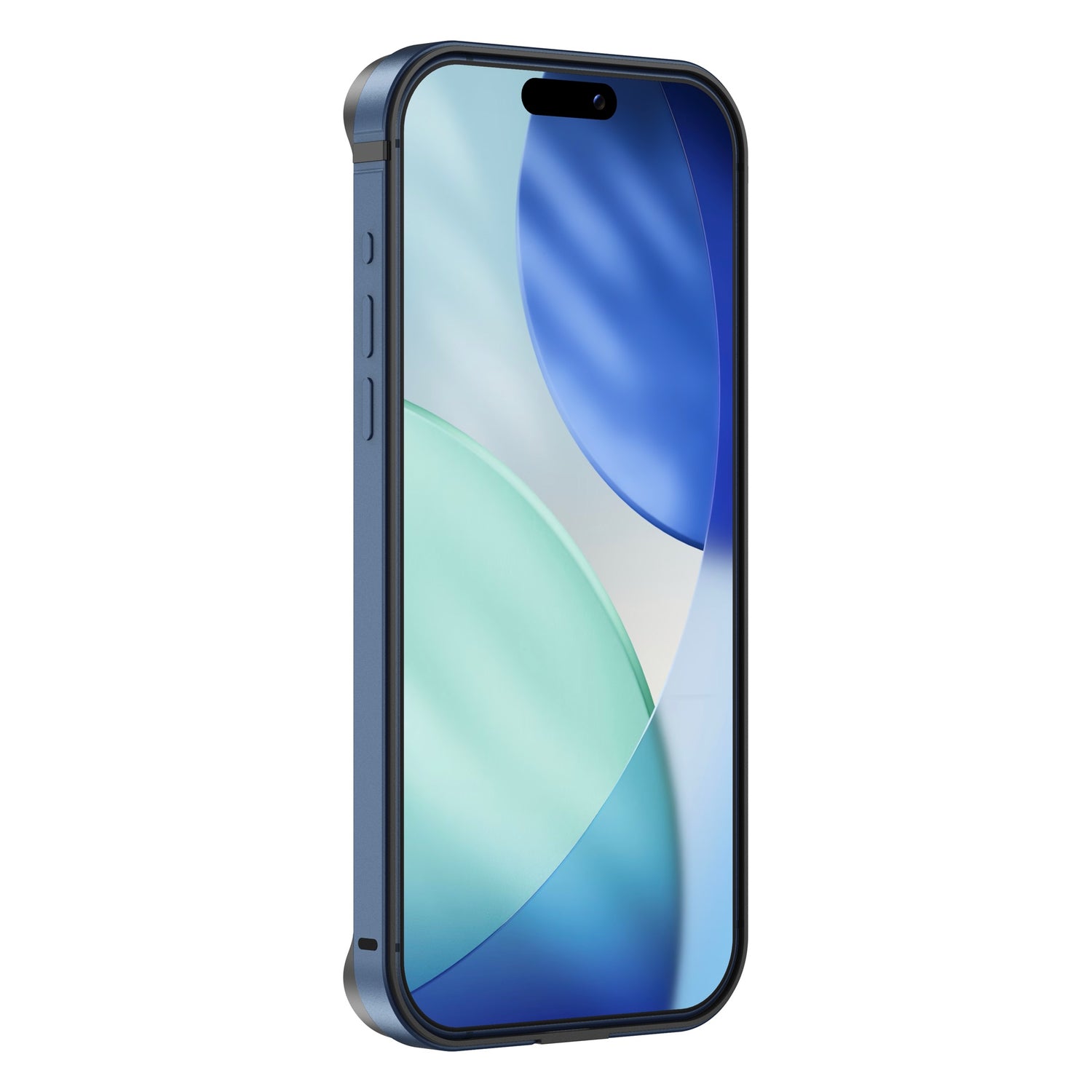 Der arktis iPhone 17 Pro Max Bumper verfügt über einen blauen, abgerundeten Bildschirm mit einem abstrakten blauen und grünen Hintergrundbild, geschützt durch ein Aluminium TPU Case mit Displayschutz.