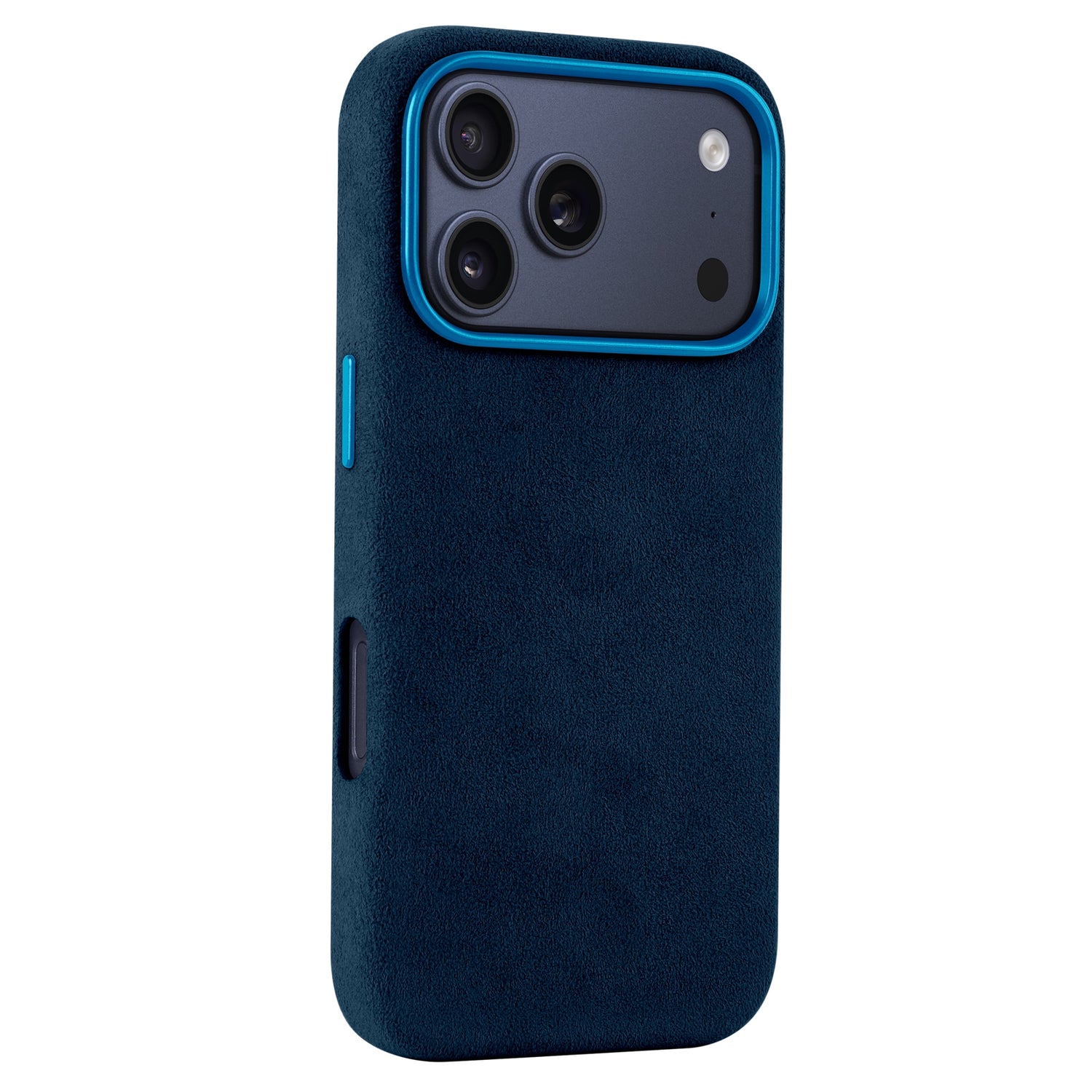 Die arktis iPhone 17 Pro Hülle aus Alcantara ist eine marineblaue Hülle mit strukturierter Oberfläche und drei Kameraausschnitten auf der Rückseite.