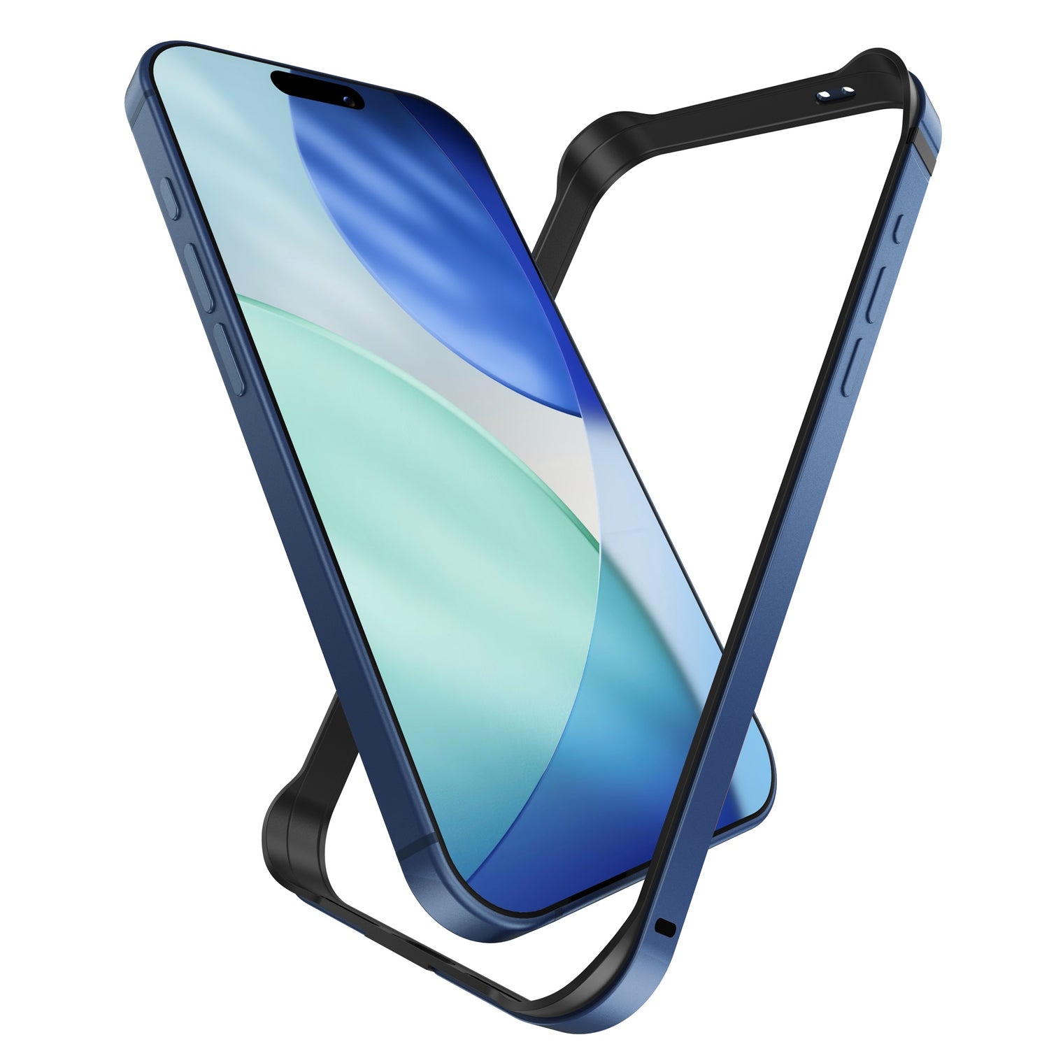 Der arktis iPhone 17 Pro Max Bumper, abgebildet mit einer passenden blauen Hülle, hebt das ultraleichtere Bumper-Design und den Displayschutz für verbesserten Schutz hervor.