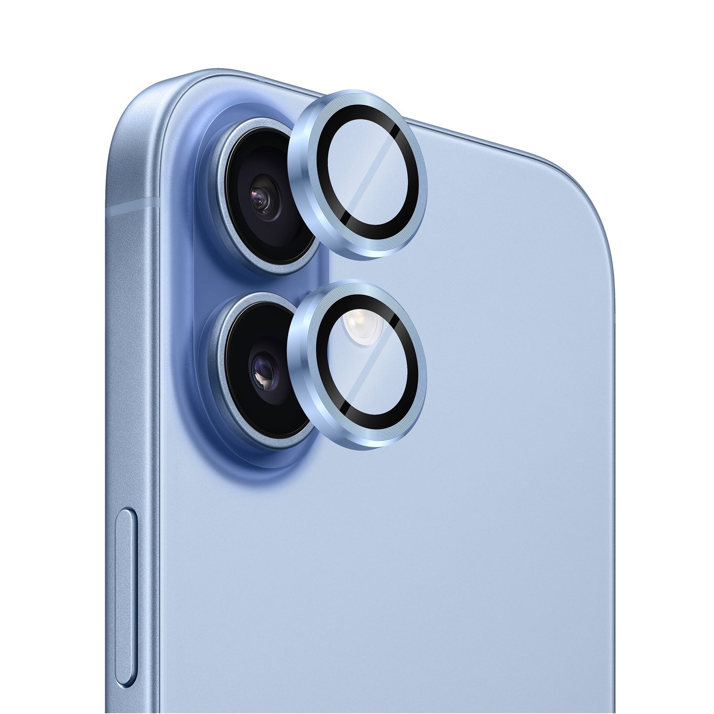 Nahaufnahme eines blauen Smartphones mit zwei erhabenen Kameralinsen und einem Blitz, geschützt durch den arktis iPhone 17 Lens Protector für verbesserten Linsenschutz.