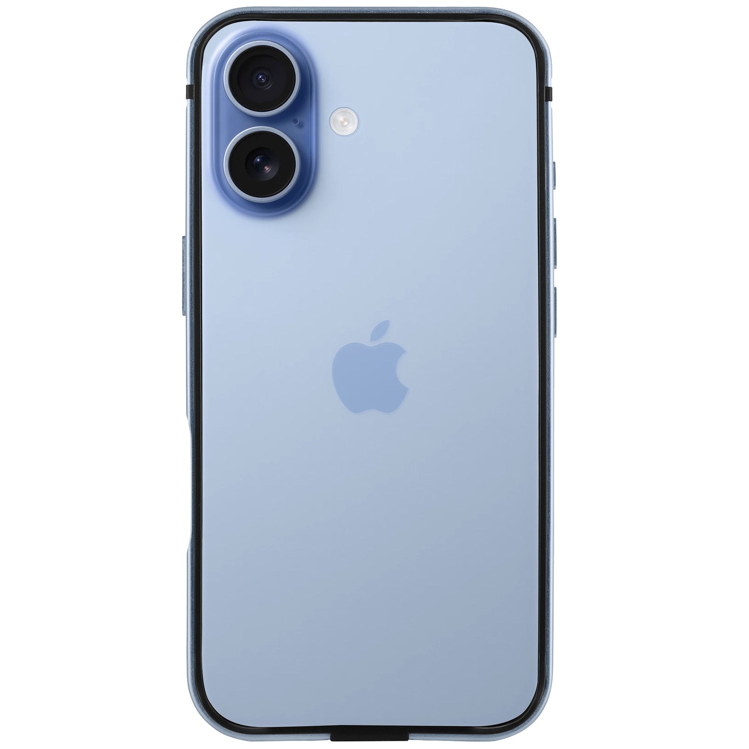 Der arktis iPhone 17 Bumper zeigt ein blaues iPhone von der Rückseite, verfügt über zwei rückseitige Kameras, ein Apple-Logo und bietet einen stylischen, schützenden Displayschutz der Marke arktis.
