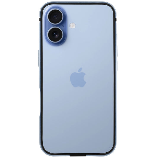 Der arktis iPhone 17 Bumper zeigt ein blaues iPhone von der Rückseite, verfügt über zwei rückseitige Kameras, ein Apple-Logo und bietet einen stylischen, schützenden Displayschutz der Marke arktis.