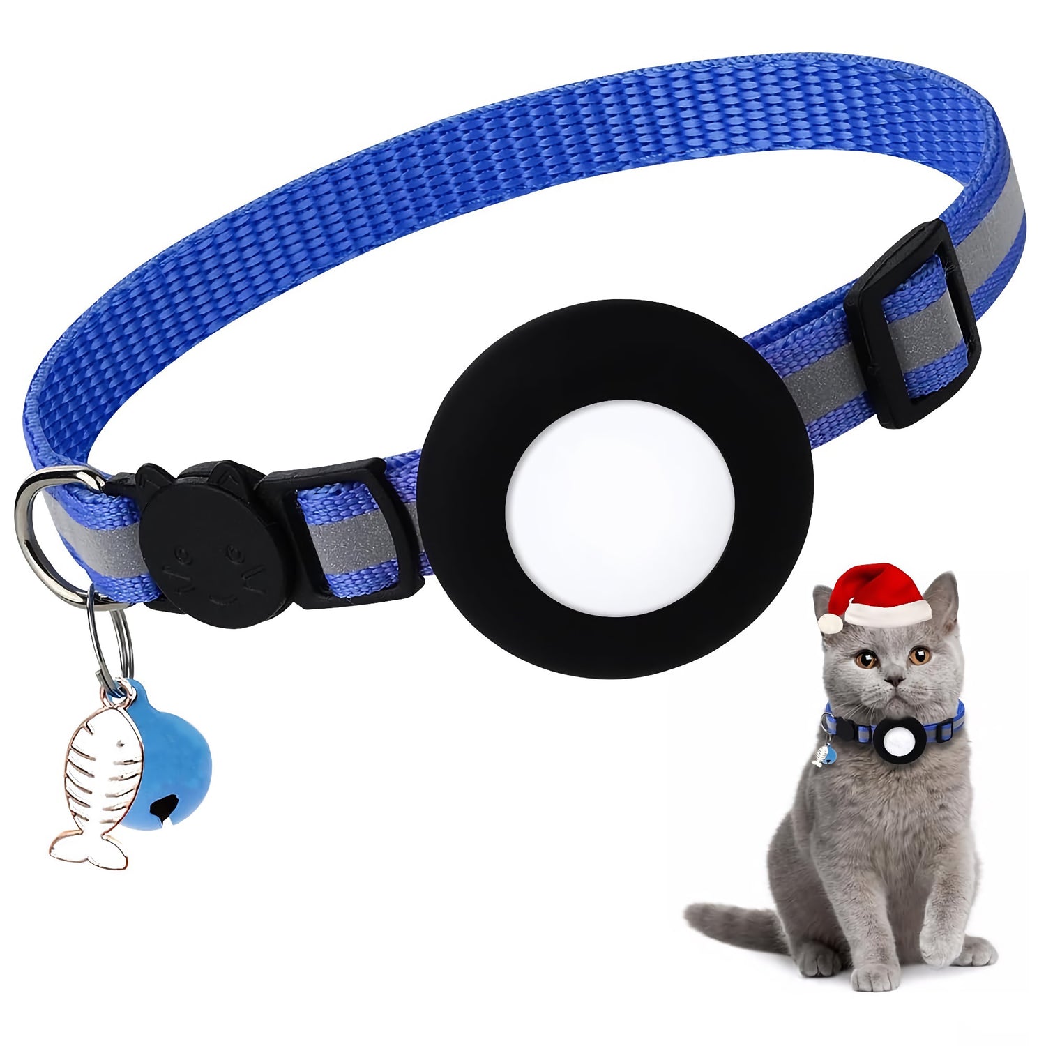 Das arktis Katzenhalsband für AirTags besticht durch ein festliches blaues Design mit Glöckchen, Fischanhänger und einer Katze in Weihnachtsmütze. Perfekt, um Ihre Katze zu orten und ihr in dieser Saison Stil und Sicherheit für die Feiertage zu verleihen!.
