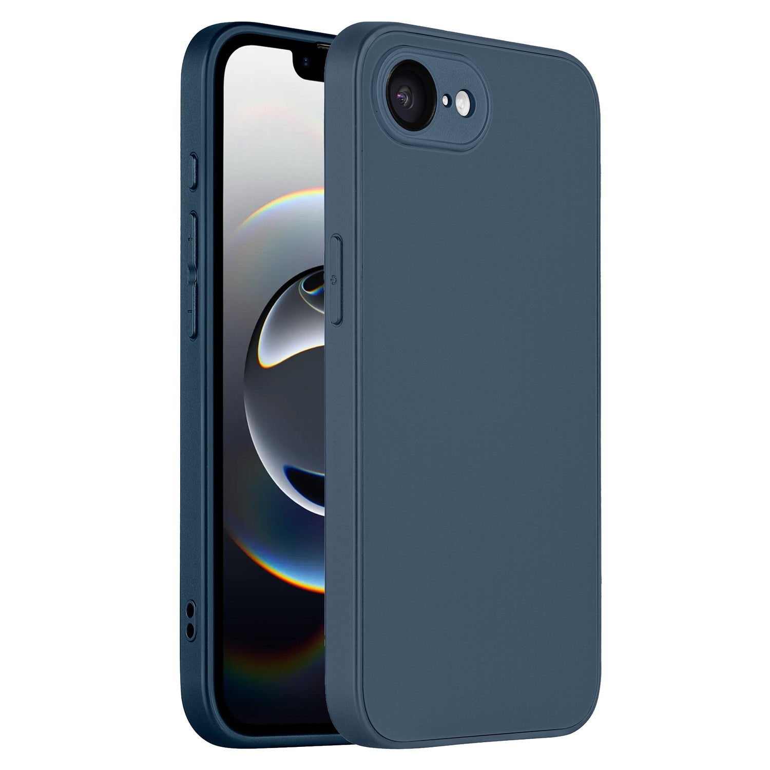 The arktis iPhone 16e Tech Case in dark blue covers a phone, showing the front screen on one and precise camera protection plus button cutouts on the back of the other.