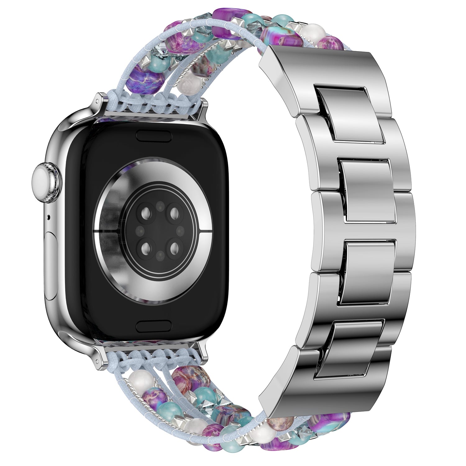 Das arktisband Apple Watch Armband "Sunset Spirit" von arktisband zeichnet sich durch ein einzigartiges Design aus: eine Seite mit Metallgliedern und Edelstahladapter, die andere mit bunten Perlen und klarer blauer Spitze für einen echten Boho Apple Watch Style.