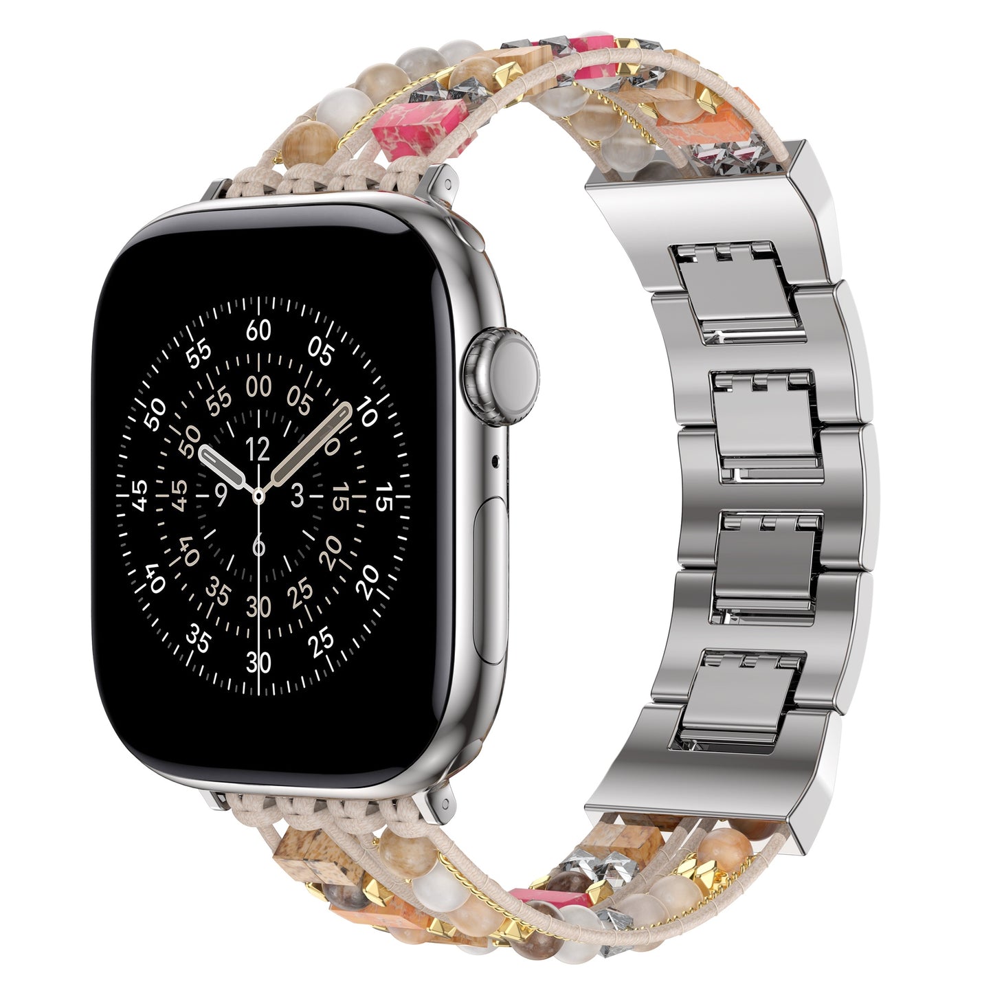 Das arktisband Apple Watch Armband "Sunset Spirit" von arktisband verfügt über ein rundes Display im Analog-Stil, bunte Perlen- und Metallglieder, ein stylisches Boho-Design und einen robusten Edelstahladapter für sicheren Halt.