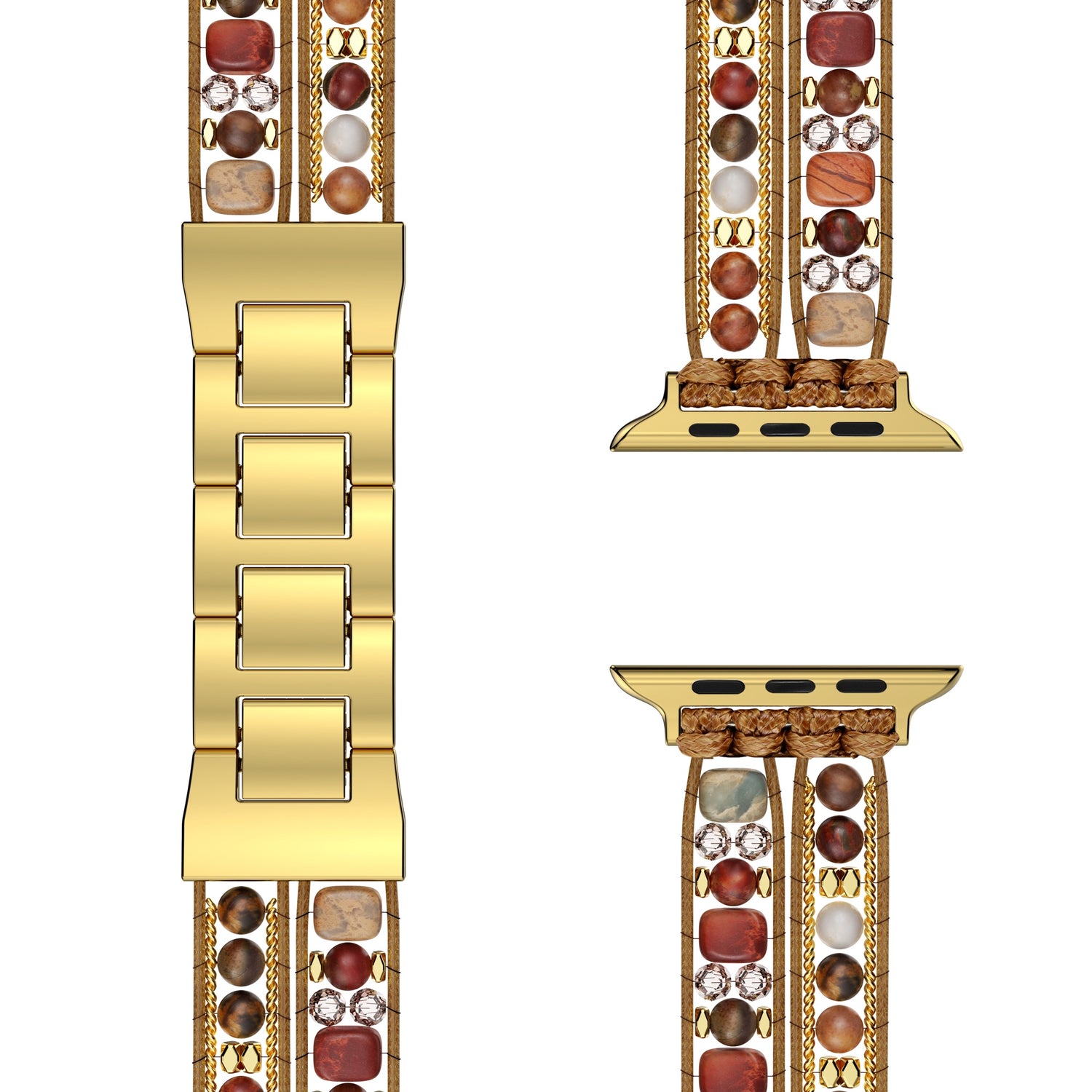 Das arktisband Apple Watch Armband "Sunset Spirit" von arktisband zeigt Edelstein- und Perlendetails aus verschiedenen Blickwinkeln auf weißem Hintergrund - ein elegantes Edelstahl- oder markantes Boho-Accessoire für Ihre Apple Watch.