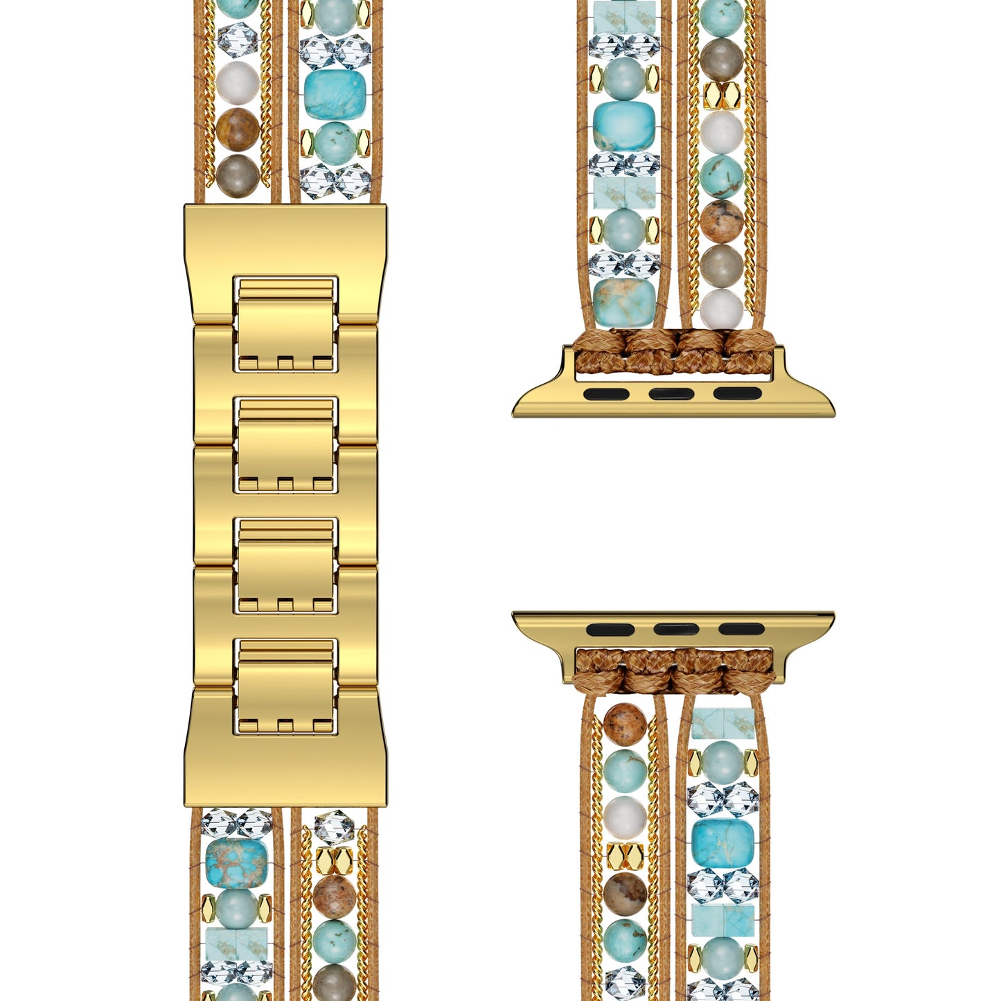 Das arktisband Apple Watch Armband "Sunset Spirit" besteht aus goldenen Bändern mit bunten Perlen und Steinen, die aus drei Blickwinkeln auf einem weißen Hintergrund zu sehen sind. Dieses stilvolle Boho-Armband bietet eine verstellbare Passform für Ihre Apple Watch.