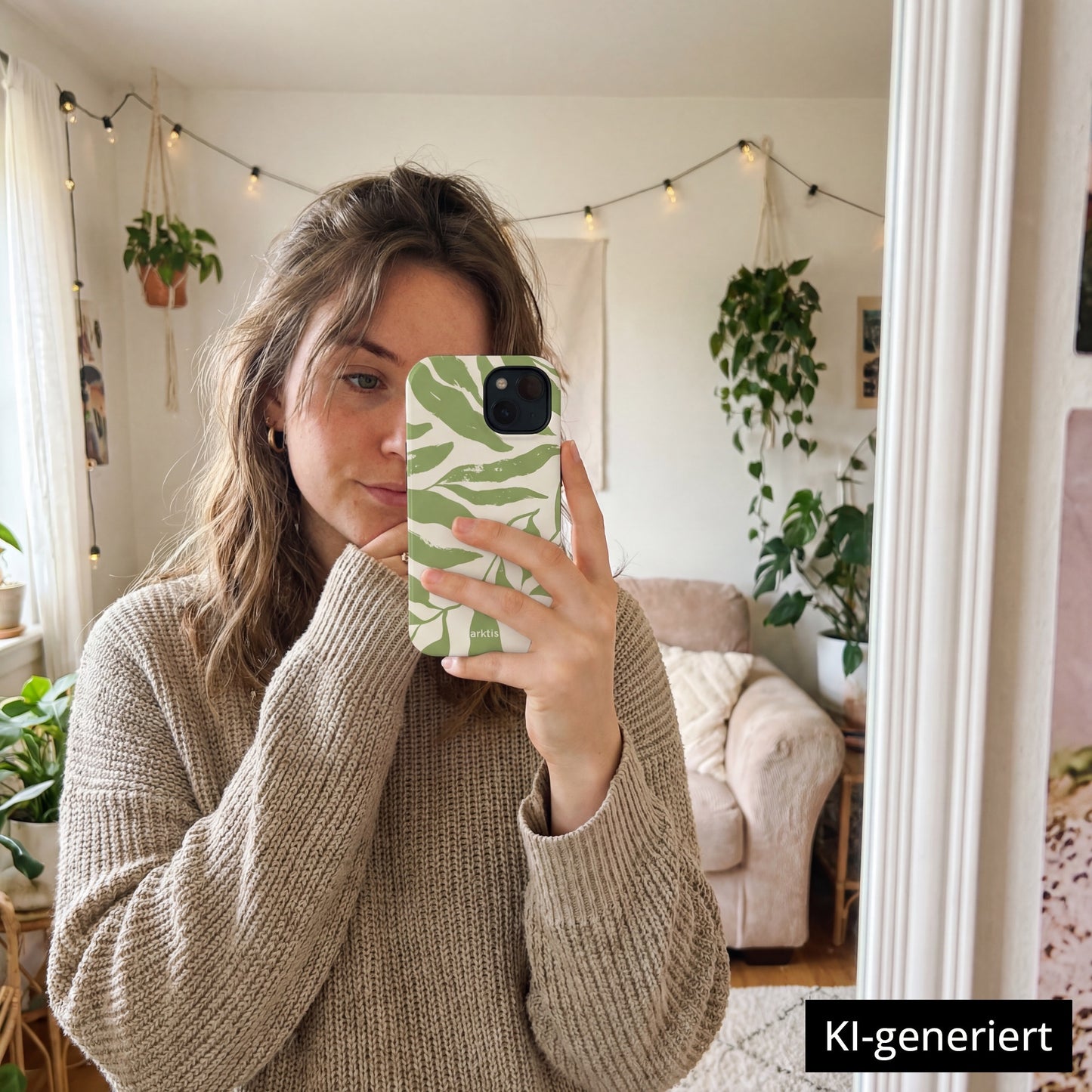 Eine Frau macht ein Spiegel-Selfie in einem gemütlichen, mit Pflanzen gefüllten Raum und hält ihr arktis iPhone 14 Pro Hülle - Botanic-stoßabsorbierend, MagSafe kompatibel und mit stilvollem grünem Muster. KI-generiert.