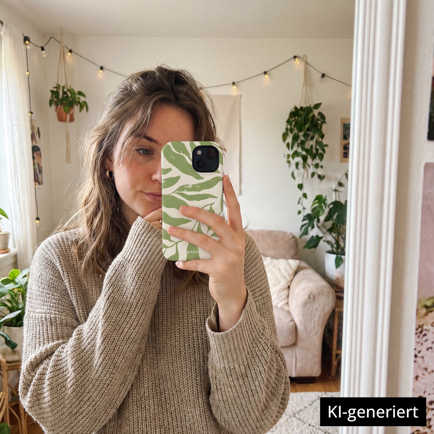Eine Frau macht ein Spiegel-Selfie in einem gemütlichen, mit Pflanzen gefüllten Raum und hält ihr arktis iPhone 14 Pro Hülle - Botanic-stoßabsorbierend, MagSafe kompatibel und mit stilvollem grünem Muster. KI-generiert.