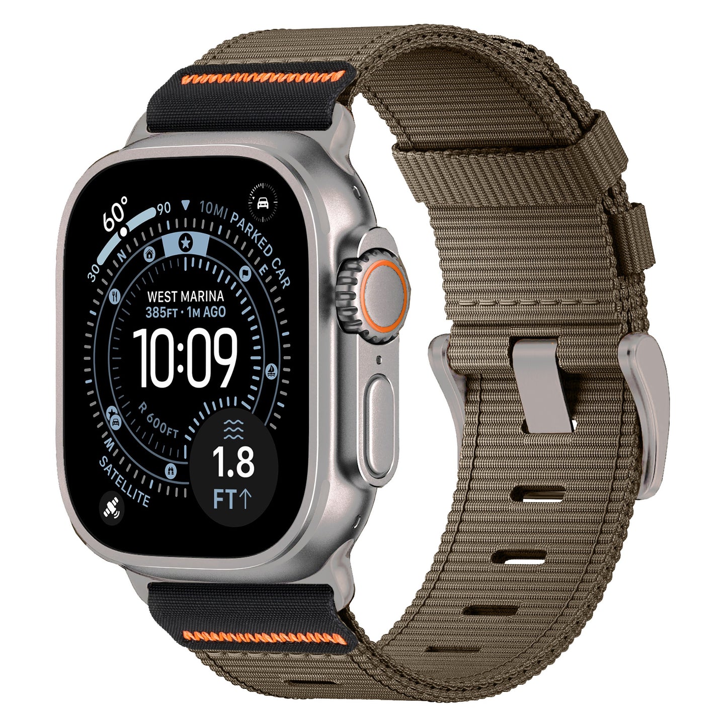 Das arktisband Apple Watch Armband "Terra" verfügt über ein braunes, extrabreites 24-mm-Nylonband und ein rundes Display, das Zeit, Wetter und Fitnessdaten anzeigt - kompatibel als Apple Watch Band.