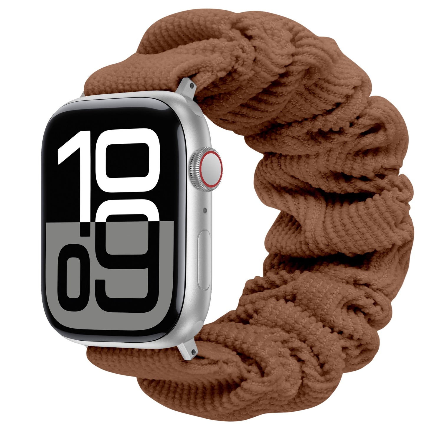 Das arktisband Apple Watch Cord Scrunchie Armband "Elanora" verfügt über ein braunes, elastisches Band für stilvollen Komfort und passt zu Ihrer Smartwatch mit großem Digitaldisplay.