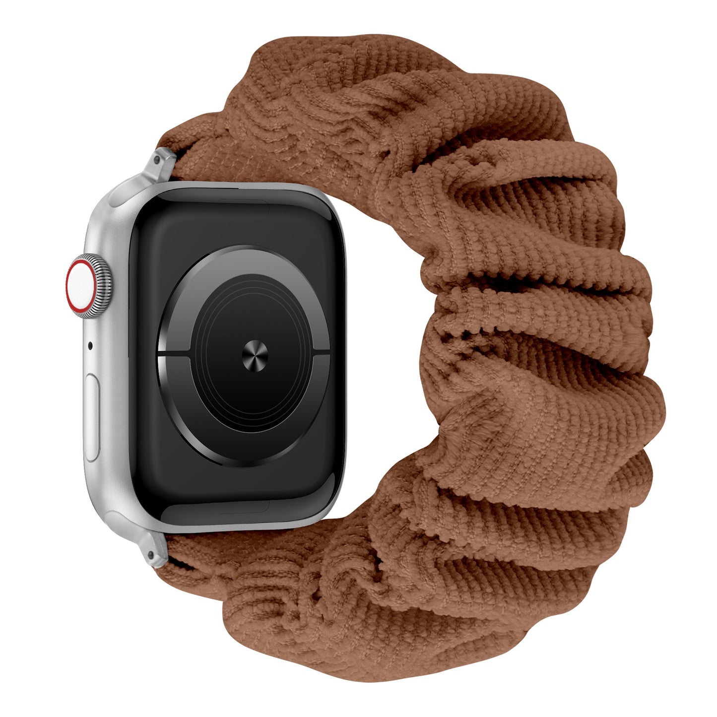 Das arktisband Apple Watch Cord Scrunchie Armband "Elanora", in braun, wird aus einer schrägen Seitenansicht gezeigt.