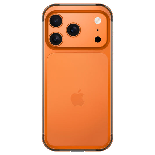 Das orangefarbene iPhone 17 Pro mit drei rückwärtigen Kameras und Apple-Logo wird von der Rückseite vor einem weißen Hintergrund gezeigt, geschützt durch den arktis iPhone 17 Pro Bumper von arktis für stilvollen, langlebigen Aluminium-TPU-Silikon-Schutz.