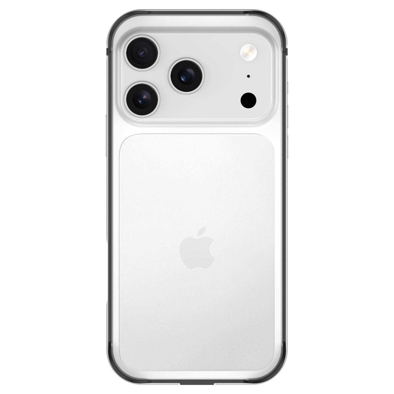 Der arktis iPhone 17 Pro Bumper ist eine durchsichtige Aluminium TPU Schutzhülle, voll kompatibel mit drahtlosem Aufladen und entworfen, um Ihr weißes iPhone 17 Pro mit Dreifachkameras und Apple Logo zu schützen.