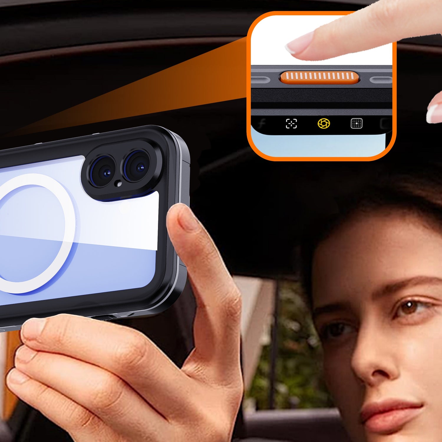 Eine Person hält ein wasserdichtes Arktis iPhone 16 Actioncase in die Nähe eines Fensters. Ein Einschub zeigt einen Finger, der den Stummschalter betätigt – was die stoßfeste und wasserdichte Haltbarkeit des Arktis-Cases unterstreicht.