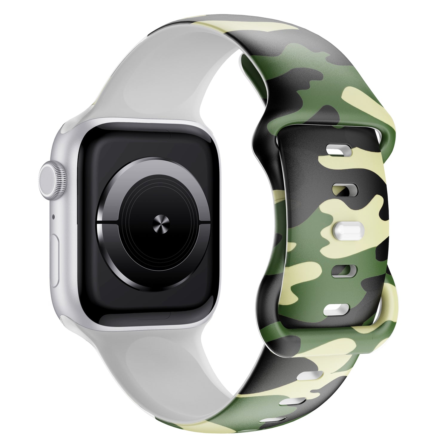 Das arktisband Camouflage Apple Watch Armband von arktisband mit grünem Tarnmuster ist schräg an einer Apple Watch vor weißem Hintergrund angebracht.