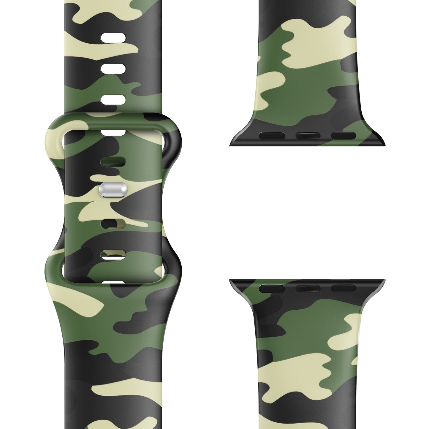 Das arktisband EDITION für Apple Watch von arktisband zeigt ein grünes, schwarzes und beiges Camouflage-Silikonarmband auf weißem Hintergrund - das ideale sportliche Armband für jedes Abenteuer.