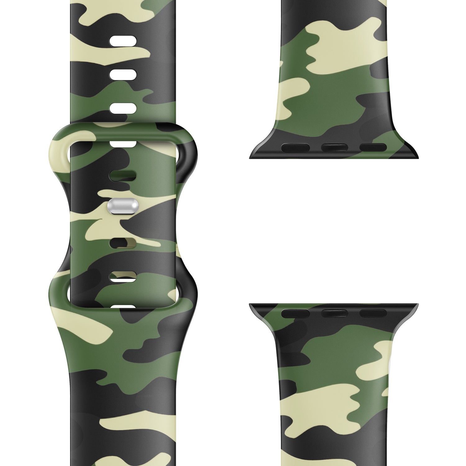 Das arktisband EDITION für Apple Watch von arktisband zeigt ein grünes, schwarzes und beiges Camouflage-Silikonarmband auf weißem Hintergrund - das ideale sportliche Armband für jedes Abenteuer.