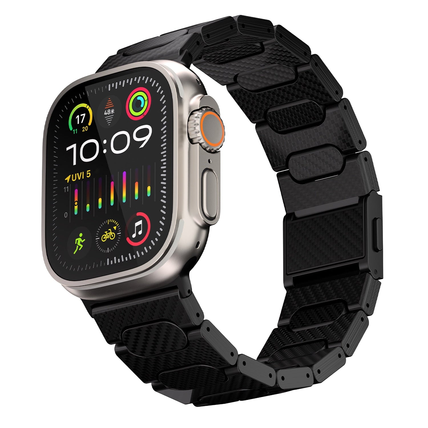 Ein Arktisband Apple Watch Ultra HURRICANE Karbon-Armband in Schwarz mit magnetischem Schnappverschluss zeigt auf seinem Bildschirm farbenfrohe digitale Gesundheits- und Aktivitätssymbole an.